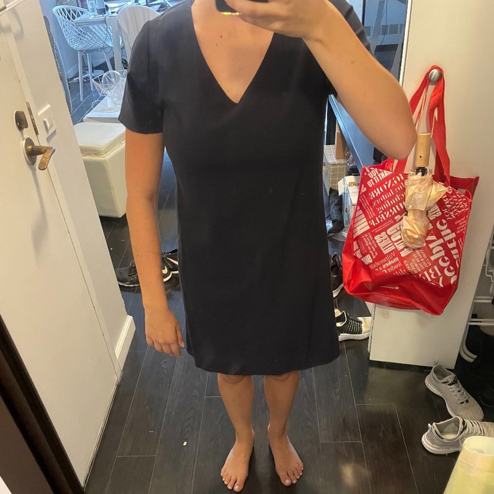 Navy Shift Dress V-Neck Zip Closure